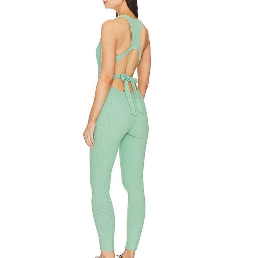 Gigi C Size L Krizia Athleisure Jumpsuit Sage Green Bow Back Bodycon Catsuit NWT